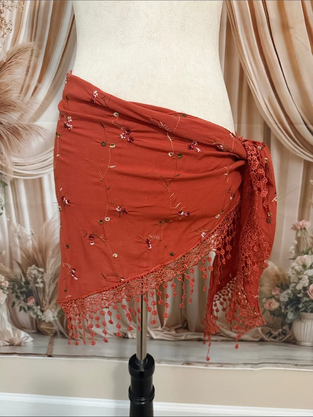 Embroidered Tassel Scarf Wrap in Rust Red